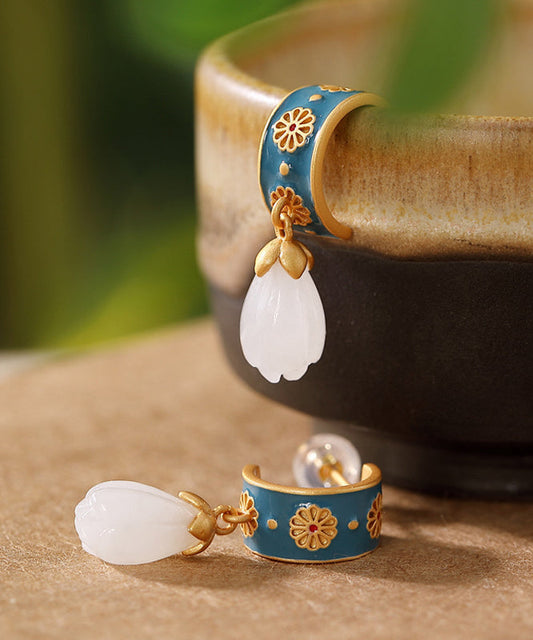 Chinese Style Blue Sterling Silver Overgild Inlaid Jade Hoop Earrings