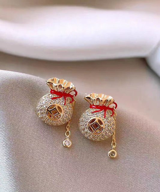 Chinese Style Copper 14k Gold Zircon Blessing Bag Tassel Stud Earrings