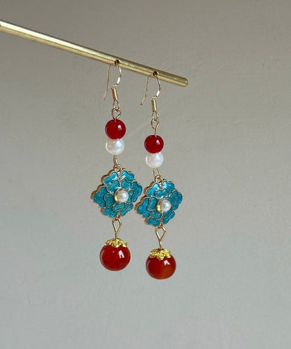 Chinese Style Rainbow Sterling Silver Overgild Enamel Pearl Drop Earrings