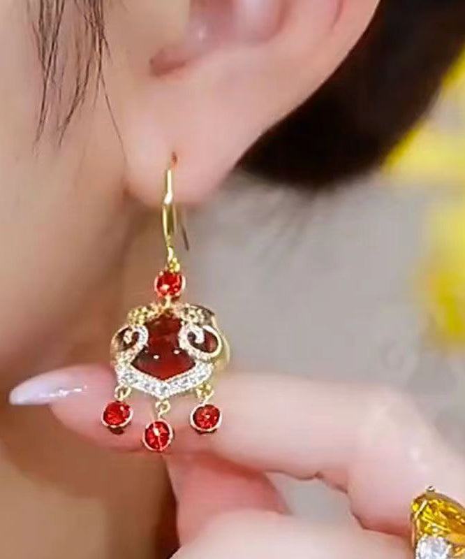 Chinese Style Red Sterling Silver Overgild Zircon Auspicious Clouds Ping Buckle Drop Earrings Kx1042