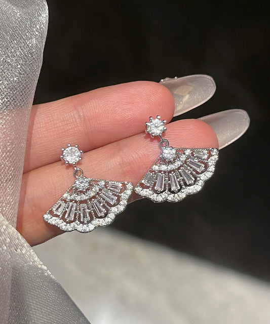 Chinese Style White Copper Zircon Fan-shaped Tassel Drop Earrings