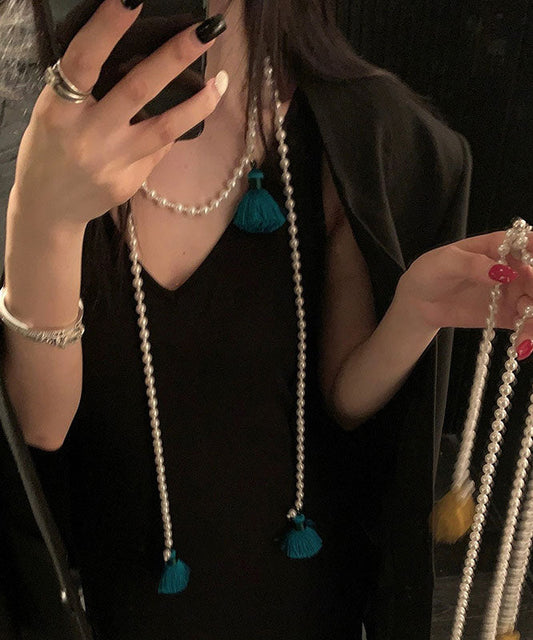 Chinese Style Yellow Alloy Pearl Beading Tassel Pendant Necklace Ya007
