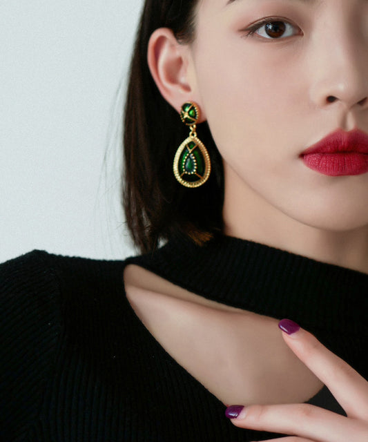 Classy Blackish Green Sterling Silver Overgild Enamel Water Drop Drop Earrings