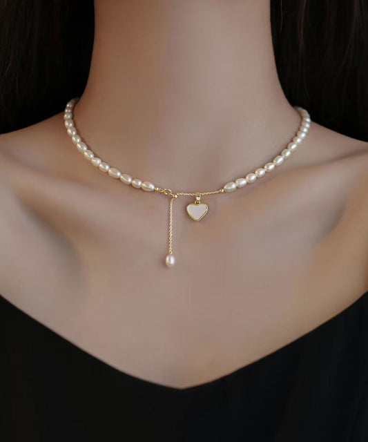 Classy Gold Sterling Silver Alloy Love Pearl Tassel Pendant Necklace Ra023