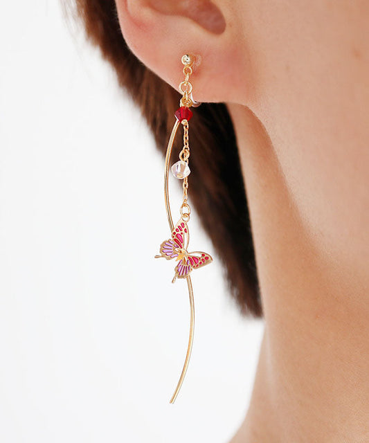 Classy Pink Butterfly and Line Copper Gem Stone Drop Earrings
