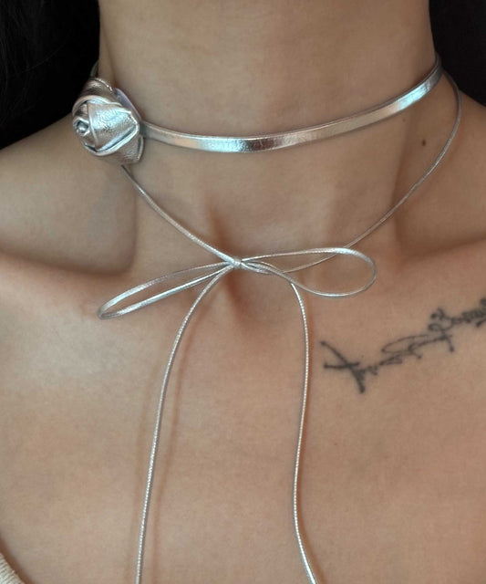 Classy Silk Leather Rope Rose Bilayer Bow Necklace Po044