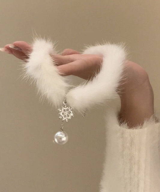 Classy White Alloy Snowflake Zircon Feathers Pearl Tassel Christmas Pendant Necklace Ts006