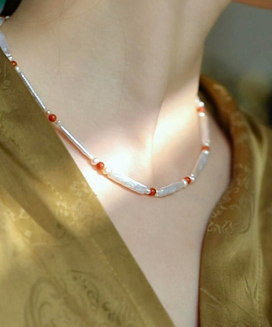 Classy White Sterling Silver Overgild Pearl Agate Princess Necklace Ii017