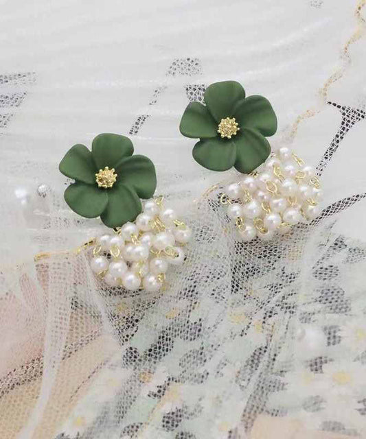 Green Alloy Pearl Tassel Drop Earrings