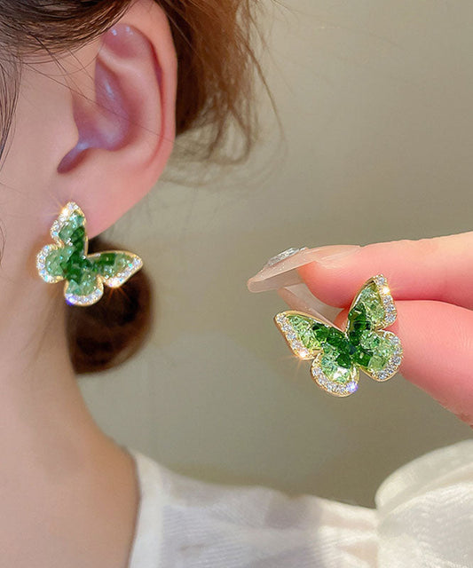 Green Copper Zircon Crystal Butterfly Stud Earrings