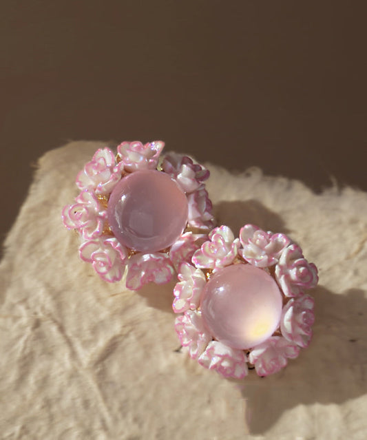Pink Alloy Inlaid Cat Eye Stone Stud Earrings