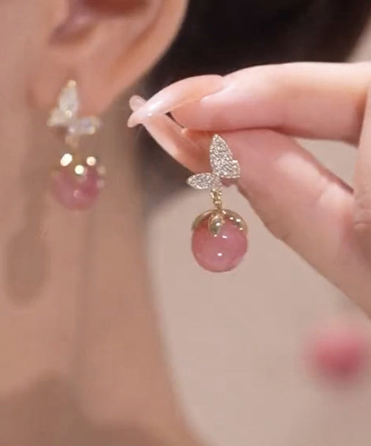 Pink Alloy Zircon Butterfly Cat Eye Stone Stud Earrings