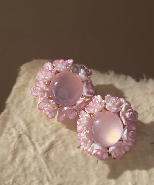 Pink Copper Alloy Resin Cat Eye Stone Stud Earrings
