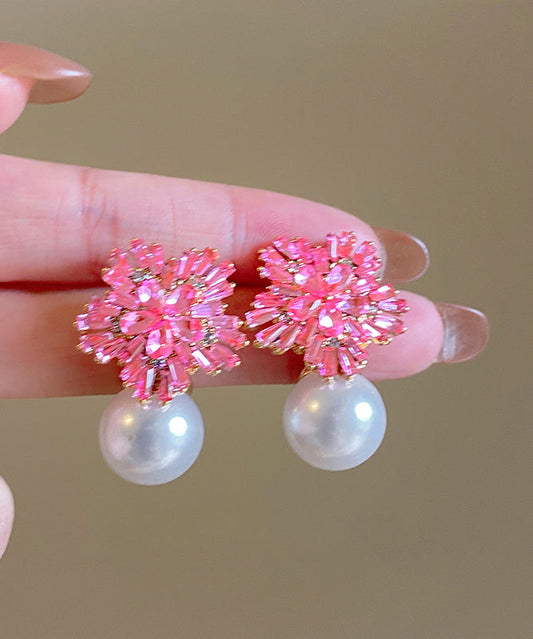 Pink Copper Alloy Zircon Pearl Drop Earrings
