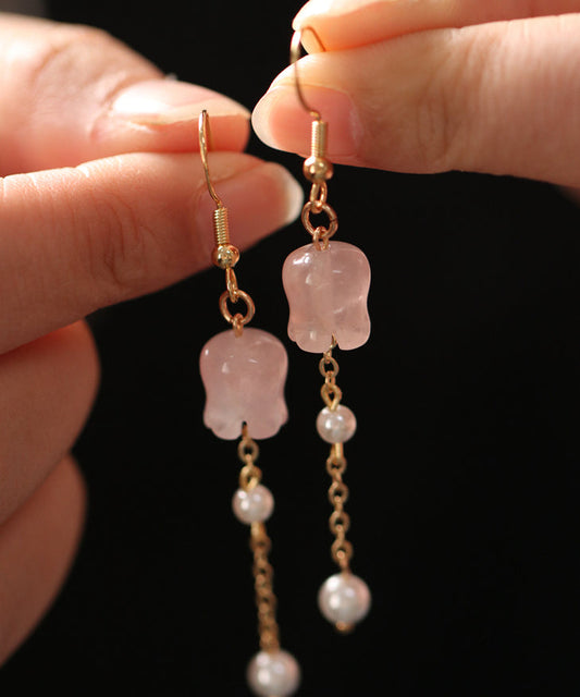 Pink Copper Overgild Crystal Pearl Lily of the Valley Tassel Drop Earrings