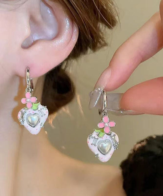 Pink Copper Zircon Pearl Strawberry Love Stud Earrings