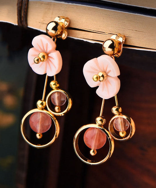 Pink Crystal Shellfish Flower 14k Gold Drop Earrings