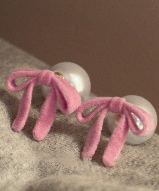 Pink Silk Velour Alloy Pearl Bow Stud Earrings