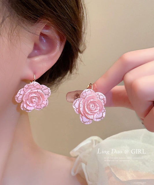 Pink Sterling Silver Alloy Rose Resin Hoop Earrings