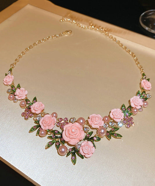 Pink Sterling Silver Alloy Zircon Pearl Pendant Necklace Ra008
