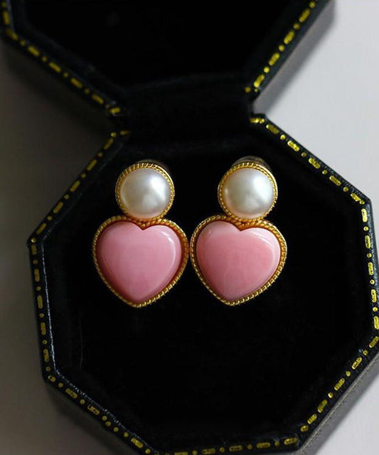 Pink Sterling Silver Overgild Love Pearl Stud Earrings