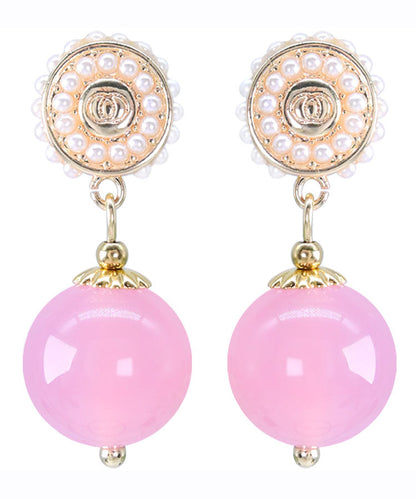 Pink Sterling Silver Pearl Chalcedony Ball Drop Earrings