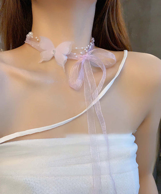 Zircon Pearl Necklace Butterfly Tulle Pink Princess