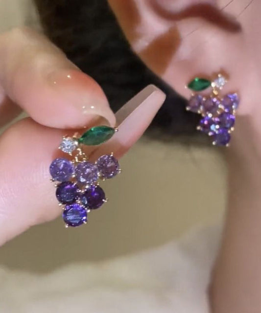 Purple Alloy Zircon Grapes Stud Earrings