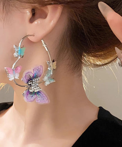 Purple Alloy Zircon Knit Butterfly Hoop Earrings