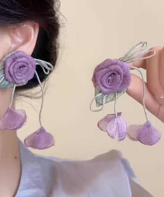 Purple Cloth Tulle Rose Tassel Drop Earrings