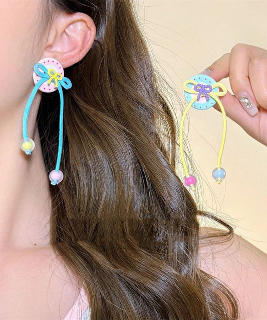 Rainbow Handmade Butto Bow Tassel Drop Earrings