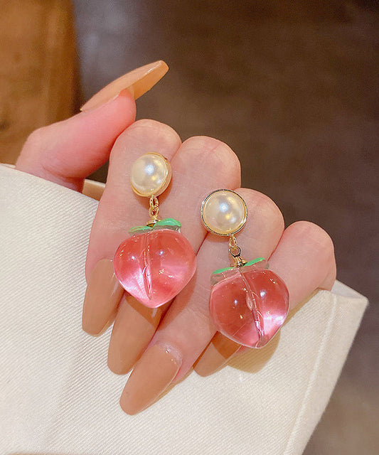 Red Alloy Acrylic Pearl Peach Drop Earrings