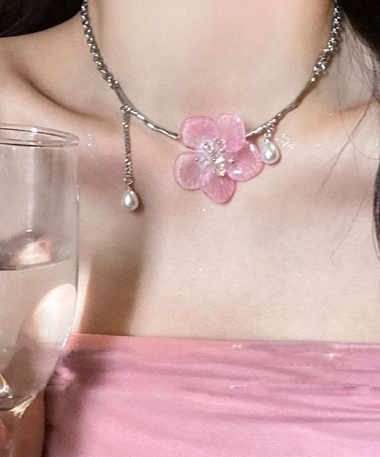 Retro Pink Stainless Steel Pearl Tassel Pendant Necklace Ya015
