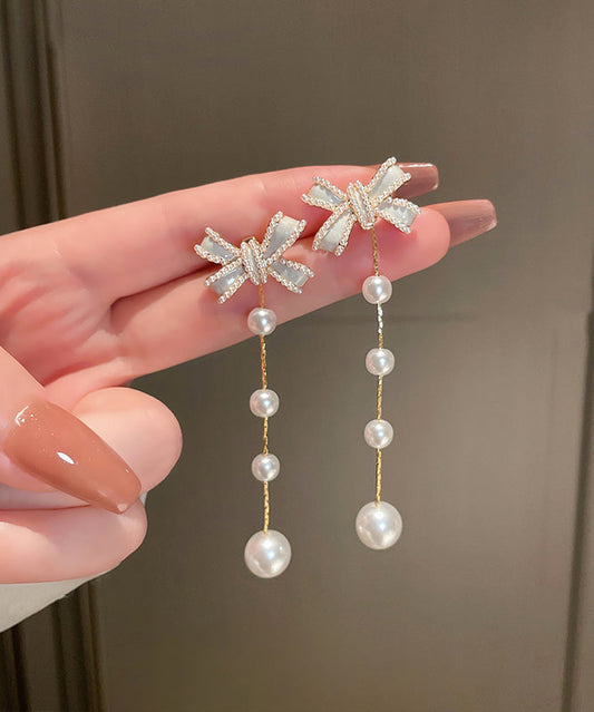 White Sterling Silver Alloy Bow Pearl Tassel Drop Earrings