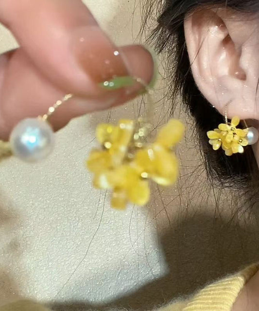 Yellow Copper Acrylic Pearl Hoop Earrings