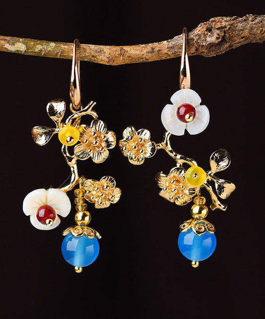 Diy Blue Agate Plum Blossom Branch 14k Gold Stud Earrings