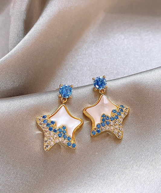 Diy Blue Copper Alloy Zircon Starfish Shell Drop Earrings