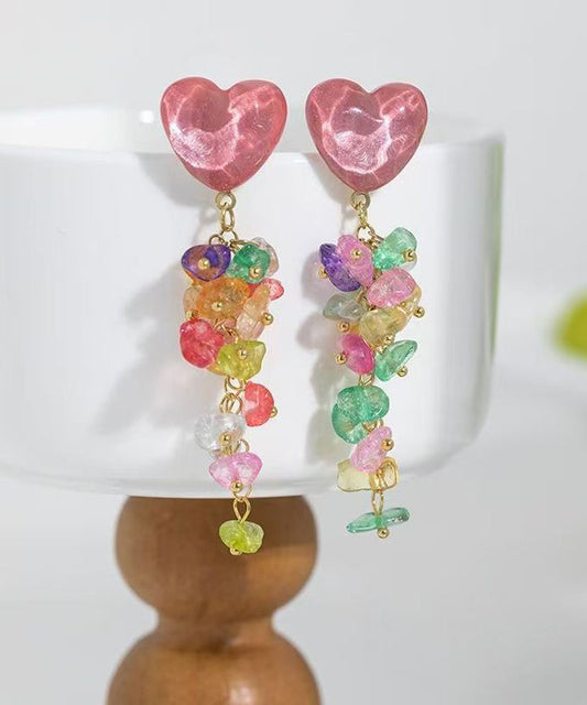 Diy Colorblock Copper Gem Stone Love Tassel Drop Earrings