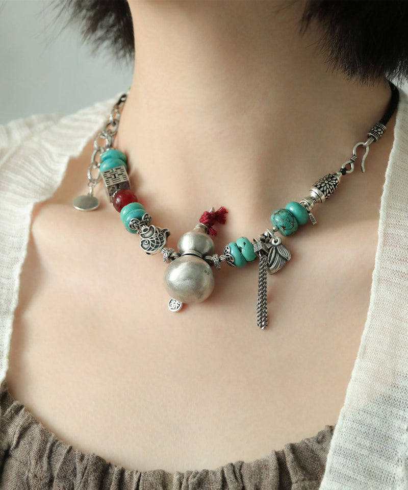 Diy Colorblock Sterling Silver Calabash Agate Double Happiness Pendant Necklace