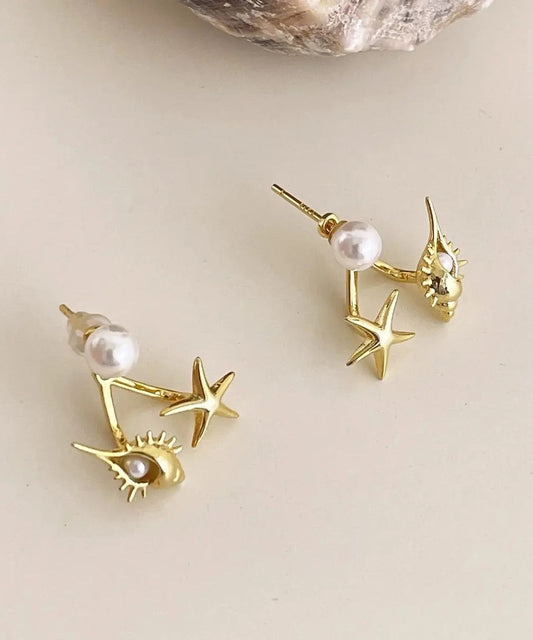 Diy Gold Copper Overgild Pearl Sea Star Conch Stud Earrings