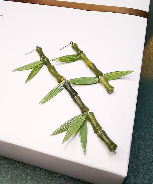 Diy Green Silver Inlaid Gem Stone Bamboo Knot Drop Earrings