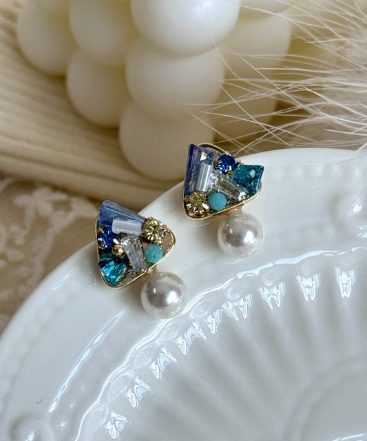 Diy Light Blue Copper Overgild Zircon Crystal Stud Earrings