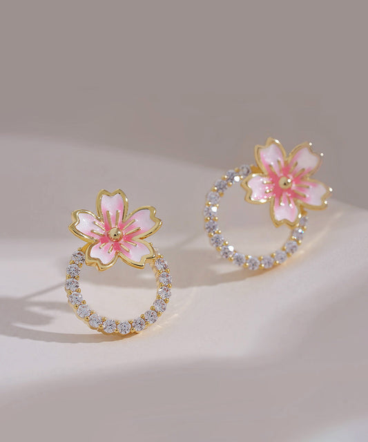 Diy Pink 14k Gold Zircon Oil Drip Stud Earrings