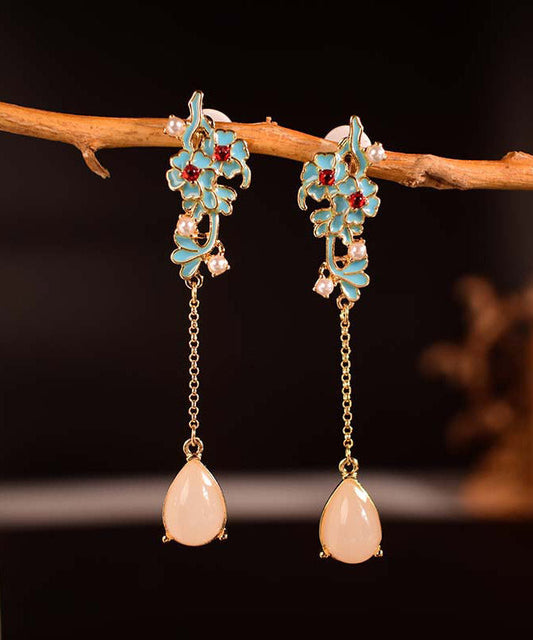 Diy Pink Alloy Oil Drip Resin Pearl Tassel Drop Earrings