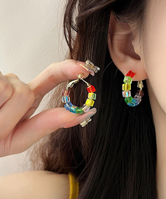 Diy Rainbow Sterling Silver Alloy Crystal Sugar Cube Hoop Earrings