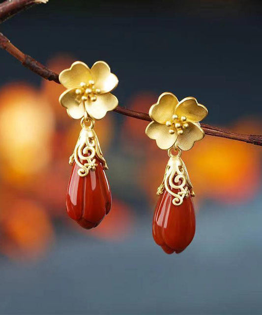 Diy Red Ancient Silver Inlaid Agate Drop Earrings