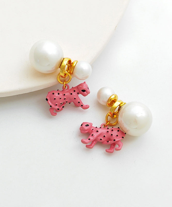 Diy Red Copper Gold Plated Animal Pearl Stud Earrings