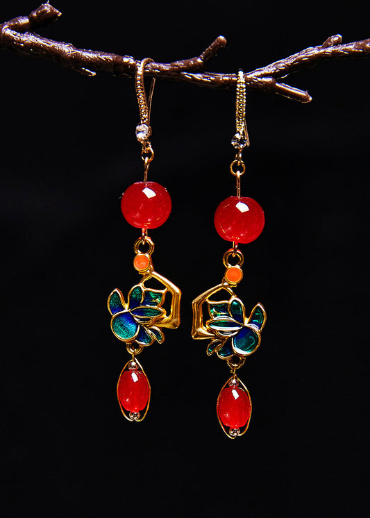 Diy Red Gem Stone Gilding Drop Earrings