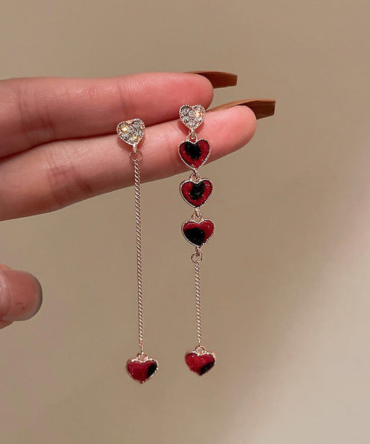 Diy Red Sterling Silver Alloy Zircon Asymmetrical Love Tassel Drop Earrings