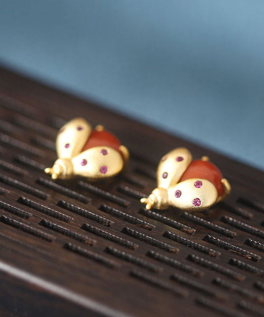 Diy Red Sterling Silver Overgild Little Bee Stud Earrings